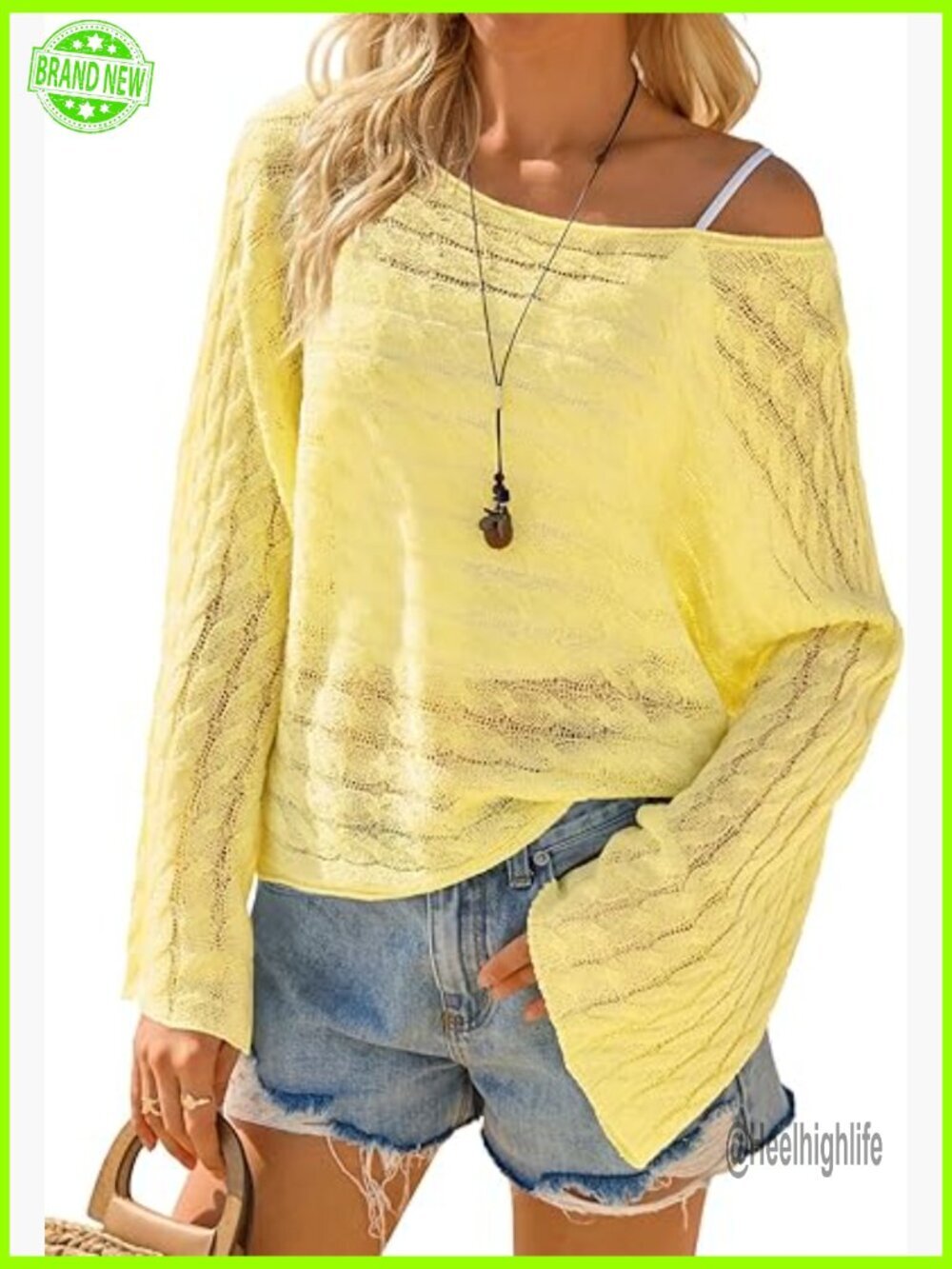 Crochet Beach Cover Up Long Sleeve Off Shoulder Crop Top Loose Fit